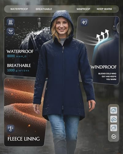 Outdoor Ventures Women's Softshell Jacket with Removable Hood Fleece Lined Windbreaker Insulated Long Warm Rain Jacket - color: Blue, size: X-Small