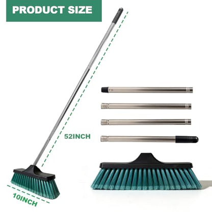 Small Floor Scrub Brush with 4-Section Stainless Steel Handle, 52" Adjustable Long Handle, 5-Row Dense Flagged Bristles, for Tile, Bathroom, Patio, Indoor & Outdoor Cleaning (Black+Green)