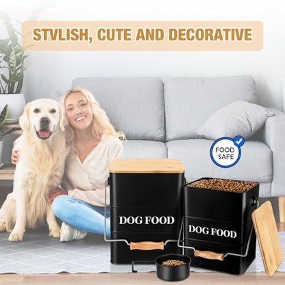 Tioncy 2 Pcs Metal Dog Food Storage Containers Total 10-14 Lbs (50 Cup) Capacity, Airtight Pet Food Canister with Bamboo Lids Scoop DIY Labels Dog Treat Storage Jars for Kitchen Counter(Matte Black) - color: Matte Black