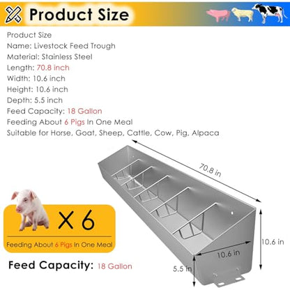Poultry Trough Feeder for Cattle/Goat/Pig 4 to 6 7-Compartment Livestock Feeding Trough Heavy Duty Stainless Steel Sheep Pens/Swine Farms/Horse Stables Feed Slots - size: 5.9 ft Long/6 Bits