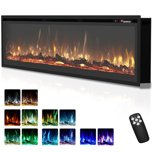 EUHOMY 60 Inch Electric Fireplace Recessed Wall Mounted Freestanding with Remote Control, Ultra-thin Fireplace Heater with Adjustable Flame Color, Linear Fireplace with Timer, Log & Crystal, 750/1500W - size: 60 Inch Premium
