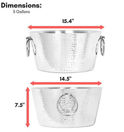 BIRDROCK HOME Hammered Stainless Steel Round Beverage Tub with Handles - Double Wall Insulated 3 Gallons - Metal Drink Cooler & Ice Bucket for Parties - Outdoor Aluminum Holder for Bottles & Soda - color: Silver