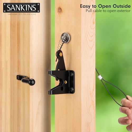 Self-Locking Gate Latch with Spring Cable Pull for Wooden Fence Gate Heavy Duty, Post Mount Automatic Gravity Lever Gate Fence Door Latches for Wooden Fence Secure Pool Garden Shed, Black - size: With Spring-loaded pull cord