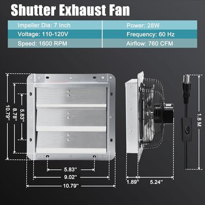 Criditpid 7 Inch Shutter Exhaust Fan, Wall Mounted Vent Fan for Greenhouse, Shed, Garages, Basement, Shop, Chicken Coop, 760 CFM High Speed Exhaust Fan with Speed Controller and 1.8M Power Cord Kit