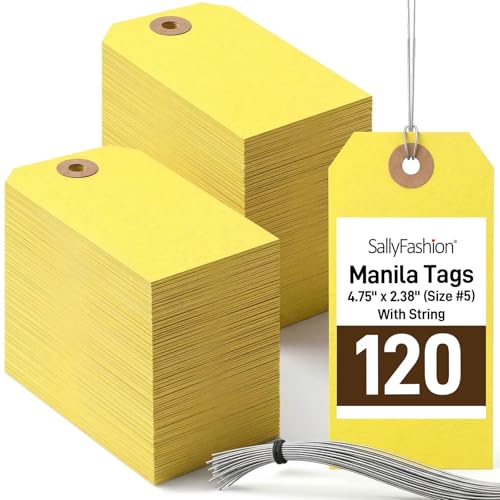 SallyFashion 120 Pack Yellow Manila Shipping Tags with Wire, 4-3/4" x 2-3/8" Reinforced Eyelet Tags for Equipment Maintenance, Retail Pricing, Inventory & Garage Sales - color: Light Yellow