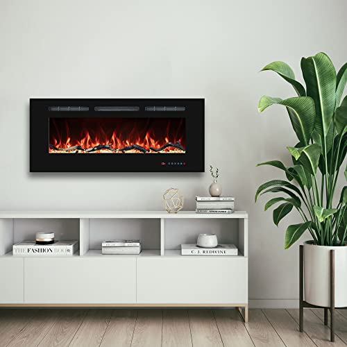 48'' Electric Fireplaces Inserts, Recessed & Wall-Mounted Fireplace Heater with Thermostat, Multicolor Flames,Timer, Log & Crystal, 750/1500W, Black - size: 48 inch