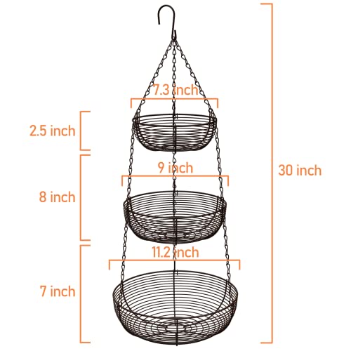 CAXXA 3-Tier Hanging Basket Fruit Organizer Kitchen Heavy Duty Wire Organizer with 2 Free Bonus Metal Ceiling Hooks(Bronze) - color: Bronze