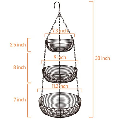 CAXXA 3-Tier Hanging Basket Fruit Organizer Kitchen Heavy Duty Wire Organizer with 2 Free Bonus Metal Ceiling Hooks(Bronze) - color: Bronze