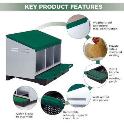 Chicken Nesting Boxes, Heavy-Duty 8-Compartment Metal Chicken Nesting Box – Removable Tray, Ventilation Holes, Easy Egg Collection, Rustproof Galvanized Steel - Green - 3 - Slot - color: Green, size: 3 - Slot