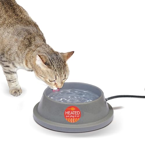 K&H Pet Products Thermal-Bowl Heated Water Bowl for Cats & Dogs Outside, Safety Listed Outdoor Heated Dog Dish for Pets, Automatic No Freeze, Anti Chew Cord - 32 Ounces Gray 12W - size: 32 Ounces