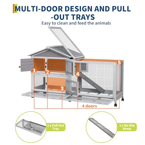 Rabbit Cage with Ramp & Waterproof Roof, Bunny Hutch for Indoor/Outdoor, 2-Story Design, Rabbit Hutch with 6 Lockable Caster Wheels & Three Pull-Out Trays（63.2" l x 22.4" w x 37"）