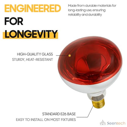 Seentech 250 Watt R40 Clear Heat Lamp Bulb – Infrared Flood Reflector Light, Incandescent Spotlight for Food Warmer, Brooder, Chicken Coop, Pet Heating, Bathroom, Light Therapy – E26 Base (1, Red) - color: Red