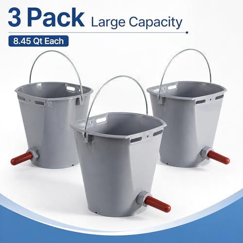 3 Pack Calf Feeding Bucket, 8.45 Qt Single Teat Feeder with Metal Hanger Livestock Feeding Supplies for Calves Goats Sheep