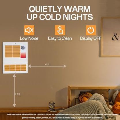 Upgraded High Capacity Wall Heater with Built-In Adjustable Thermostat, Painted Grille, 1500W, 120/240V, White