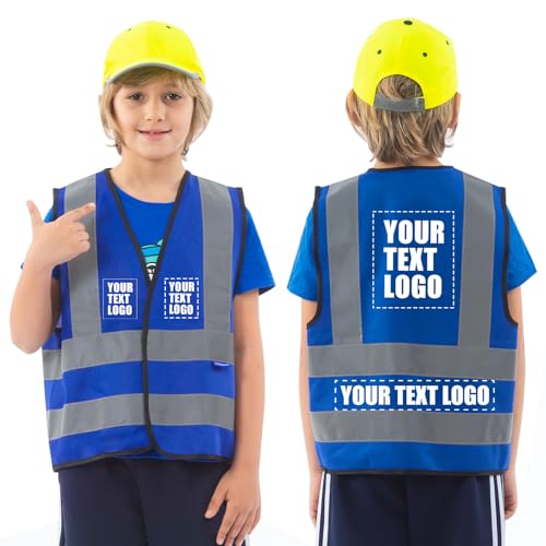 AYKRM Kids High visibility viz vest hi vis viz reflective safety vests - color: Blue-logo, size: 6-9Y