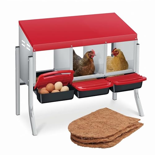 Metal Chicken Nesting Box - Heavy Duty Nesting Boxes for Chickens Coop with Easy-Collect Tray & Lid, 3 Hole Galvanized Steel Egg Laying Boxes for Hens Ducks, Freestanding or Wall Mounted