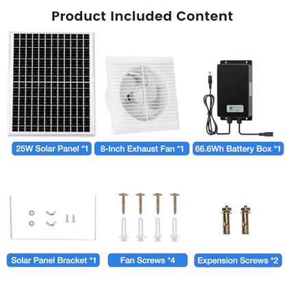 Fanspex Solar Exhaust Fan, Solar Powered Vent Fan Kit for Outside Greenhouse Shed Chicken Coop (8" Fan with Battery) - size: 8" Fan Large