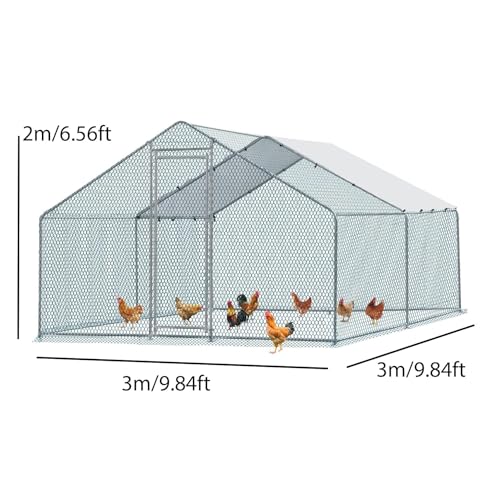 Large Metal Chicken Coop with Walk in Poultry Run and Spire Roof, Waterproof Livestock Shelter Outdoor Enclosure, Sturdy Galvanized Steel Frame for Hen Duck Rabbit, Backyard Farm House