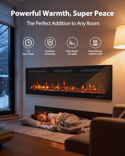 EUHOMY 72 Inch Electric Fireplace Wall Recessed and Wall Mounted with Adjustable Flame Color, Fireplace Heater with Remote Control, Linear Fireplace with Timer, Touch Screen, Log & Crystal, 750/1500W - size: 72 Inch