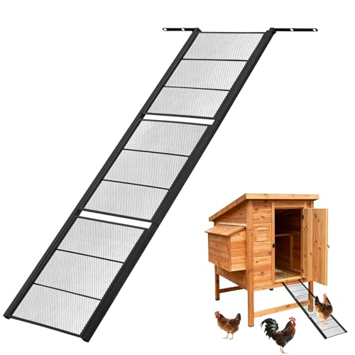 Chicken Coop Ramp 47.4″L,Metal Chicken Coop Accessories and Ladder for Henhouse Backyard or Farm with Length Adjustable Coop Ramps for Feet Problem or Cannot Fly Chickens Sturdy Black