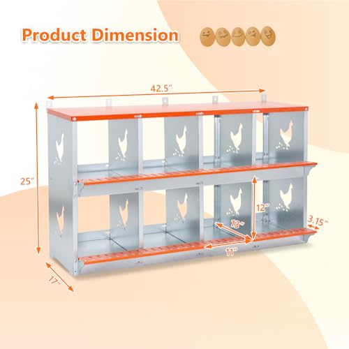 Heavy-Duty Wall-Mounted Metal Nesting Box for Backyard Chickens and Ducks with Ventilation and Easy Egg Access (8-Orange)