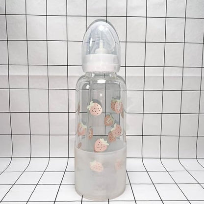 CutiePlusU Adult Glass Feeding Bottle Cute Printed Large Size Baby Bottles Strawberry Garden 13.5Oz/400ML - color: Strawberry Garden