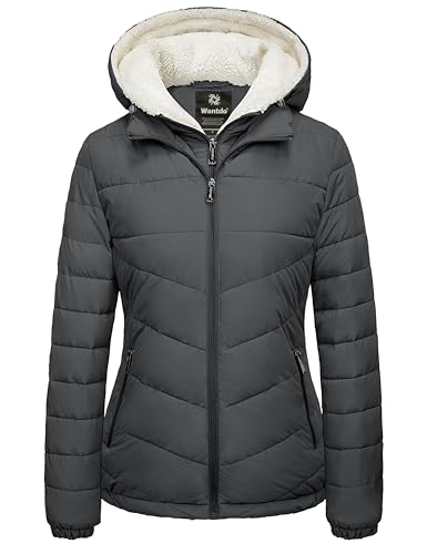 wantdo Women's Quilted Winter Coats Hooded Warm Puffer Jacket with Fleece Hood - color: Dark Gray, size: X-Large