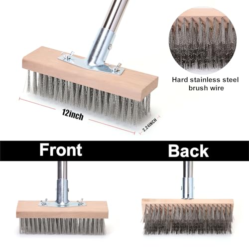 Stainless Steel Wire Scrub Brush with 63" Long Handle, 2PCS 12" Brush Heads, Heavy Duty Large Wire Brush, Stiff Metal Bristle Floor Scrubber, Patio Floor Cleaning, Wire Broom for Concrete, Deck, Moss - size: With 2PCS 12-inch brush head