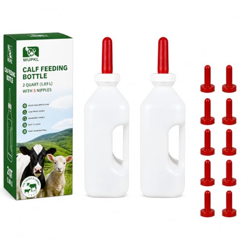 Screw Nipple Calf Feeding Bottle 2 Quart – Leak-Proof Milk Feeder with Ergonomic Handle, Easy Clean, Includes 5 Nipples, Farm & Ranch Feeding Set (One-Piece Bottle, 2 Pack)