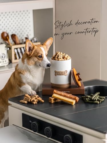 Miamolo Dog Treat Jar Ceramic Dog Treat Container with Wooden Lid, 8 Cups Airtight Dog Food Storage Container for Countertop, Farmhouse Dog Biscuit Jar Gift for Dog Lovers - Bone Dotted White - color: Bone Dotted White