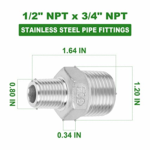 TAISHER 5PCS Cast 304 Stainless Steel Hex Nipple, Reducer Pipe Fitting 3/4-Inch Male Pipe x 1/2-Inch Male Pipe - size: 3/4" NPT x 1/2" NPT