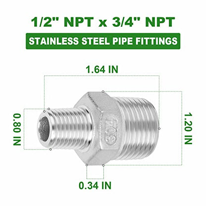 TAISHER 5PCS Cast 304 Stainless Steel Hex Nipple, Reducer Pipe Fitting 3/4-Inch Male Pipe x 1/2-Inch Male Pipe - size: 3/4" NPT x 1/2" NPT