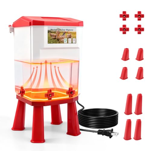 3 Gallon Heated Chicken Waterer for Winter Automatic Chicken Water Heater,Adsjustable Height Anti-Freezing Poultry Watering System with Thermostatic Control,Red,12.5 in x 8.3 inch x 8.3 in