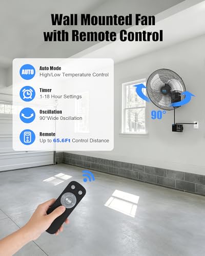 18" Wall Mounted Fan with Thermostat, Oscillating Outdoor Wall Mount Fan with Remote, 1-18H Timer, 3-Speed 4200 CFM High Velocity Industrial Wall Fan for Garage, Farm, Patio, Workshop, Barn - size: 18 inch