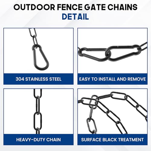 20 Inch Gate Chain Lock with Carabiner, Stainless Steel Chain Link Gate Lock, 2Pcs Barn Chain for Outdoor Fences Gates Pet Cages Livestock Corrals (Black)