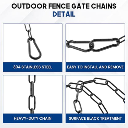 20 Inch Gate Chain Lock with Carabiner, Stainless Steel Chain Link Gate Lock, 2Pcs Barn Chain for Outdoor Fences Gates Pet Cages Livestock Corrals (Black)