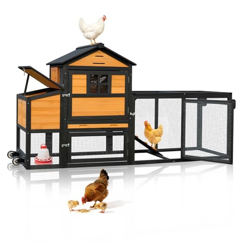 Portable Chicken Coop with Wheels Poultry Cage, Wooden Chicken Coop for 4-6 Chickens, Nesting Box, Pull-Out Tray, Ventilated Windows, Asphalt Weatherproof Roof, 81.5" Lx25.6 Wx44.1 H, Yellow - color: Yellow