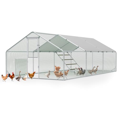 Sannwsg Large Metal Chicken Coop with Run, Walk in Chicken Pen with Waterproof Cover, Secure Lock, Heavy Duty Poultry Cage with Feeding Door for Outdoor Farm Use（20x10 FT - size: 118.0"L x 236.0"W x 79.0"H