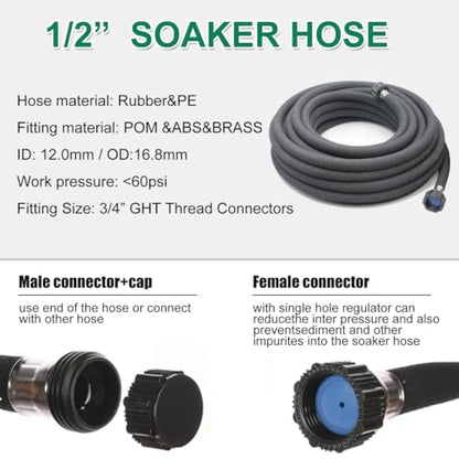 Soaker Hose 1/2" 25ft Rubber Garden Soaker Hoses, Water Seeper Round Drip Hose, Heavy Duty Drip Irrigation Hose For Vegetable, Lawn, Plants and Trees Watering - size: 1/2inch 25ft