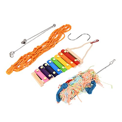 Chicken Toys 4 Pack | Xylophone & Hanging Feeder for Parrots/Ducks/Macaws | Colorful Chewing Toys & Net Bag with S Hooks | Alleviate Boredom in Coops