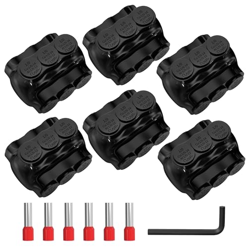 Joinfworld 3 Port Insulated Multi Tap Connector Dual Entry 1/0-14AWG Aluminum to Copper Wire Connectors Aluminum Insulated Wire Splice Connectors UL Listed with Slotted Allen Hex - 6 Pack - size: 1/0-14 AWG