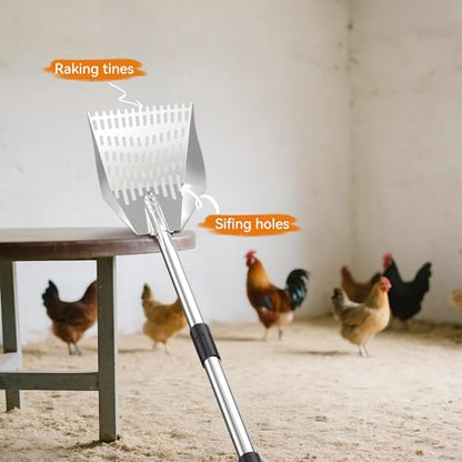 Chicken Poop Scooper: 2-in-1 Rake & Sifter - Silver Chicken Poop Shovel for Sand with Adjustable Stainless Steel Handle (35-59") for Small Spaces