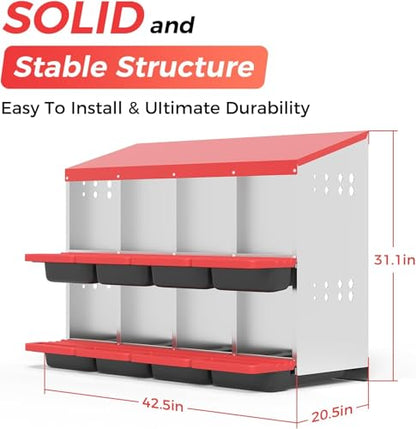 Heavy Duty Galvanized Steel Chicken Nesting Box – 8 Holes, Roll Away Egg Laying, Protective Lid, Wall Mounted or Freestanding, Easy Clean, Vented Pegboard Side, Red (Pegboard Side Design) - color: Red, size: 8 Room&Mat Board