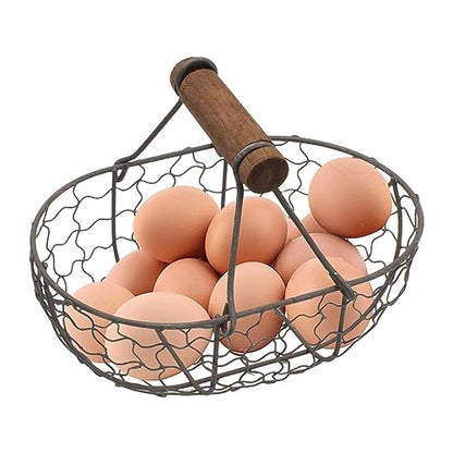 DUDOK Egg Basket, Iron+Wood Wire Egg Basket, Farmhouse Design, Black, Rectangular, Sturdy, Holds 12 Eggs, Comfortable Handle, Decorative, Kitchen, Dining Room, Living Room