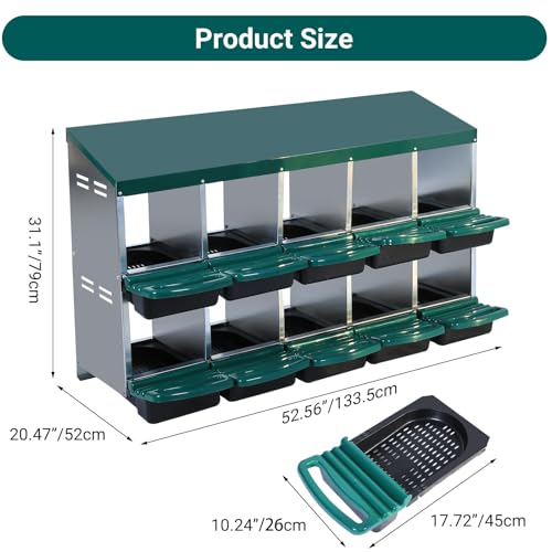 Chicken Nesting Boxes,10 Hole Metal Roll Away Eggs Laying Boxes with Ventilation Holes，Rustproof Plastic Tray & Keyhole Mounting, Cleanable Pull Out Nest Box for Hen & Duck, Green - color: Green, size: 10 holes