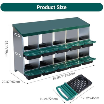 Chicken Nesting Boxes,10 Hole Metal Roll Away Eggs Laying Boxes with Ventilation Holes，Rustproof Plastic Tray & Keyhole Mounting, Cleanable Pull Out Nest Box for Hen & Duck, Green - color: Green, size: 10 holes