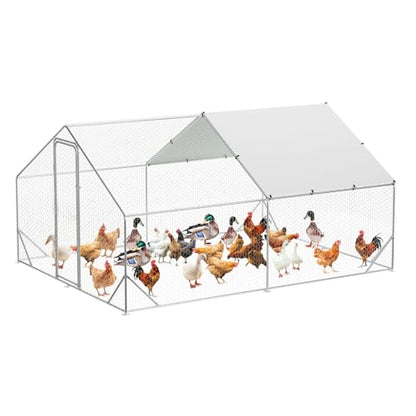 9.8' x 13.1' x 6.6' Chicken Coop Run, Galvanized Steel Chicken Pen with Anti-Ultraviolet Waterproof Cover, Spire-Roof Walk-in Poultry Cage, Metal Chicken Coop for Outdoor Farm Use - size: 9.8' W x 13.1' D x 6.6' H