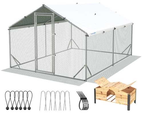 Quictent Advanced Series 12x9 ft Metal Chicken Coop Run with Wooden Nesting Box, Large Walk-in Outdoor Poultry Cage Heavy Duty Predator Proof Hen Duck Rabbit Farm Pen House, Waterproof Anti-UV Cover - color: Beige, size: 12x9 ft