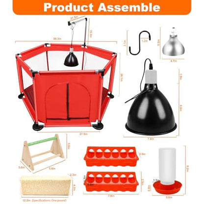 Chicks Brooder Box for Chicken Starter Kit- Includes Timing Heat Lamp Set, Detachable Chicken Brooder, Up to 15 Chicks, Sawdust, Chick Feeder and Waterer Set, Chick Perch 6-in-1 Chicken Coop Set.(Red)