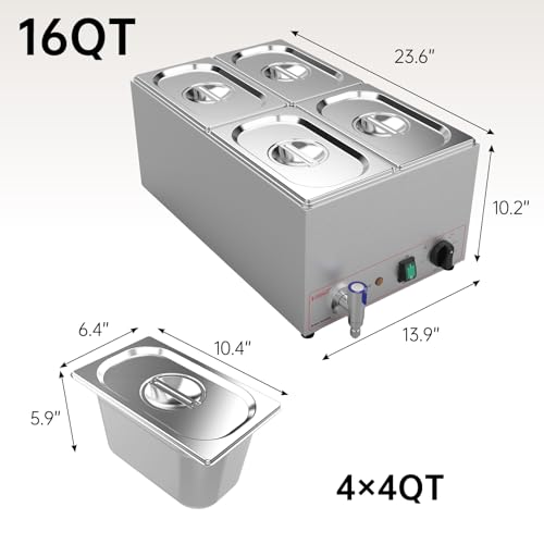 Valgus Commercial Stainless Steel 4 Sections Bain Marie Food Warmer 16 Qt | Buffet Server with Lid and Tap, 900W Power, 86-185°F Range, Dry Burn Protection, Suitable for Both Commercial Use and Home - size: 4 Sections with Tap